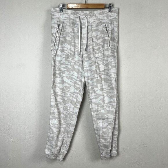 ATHLETA Cabo Tide Linen Jogger Neutral Size 10 Camo Light Travel Beach Vacation - Picture 1 of 12